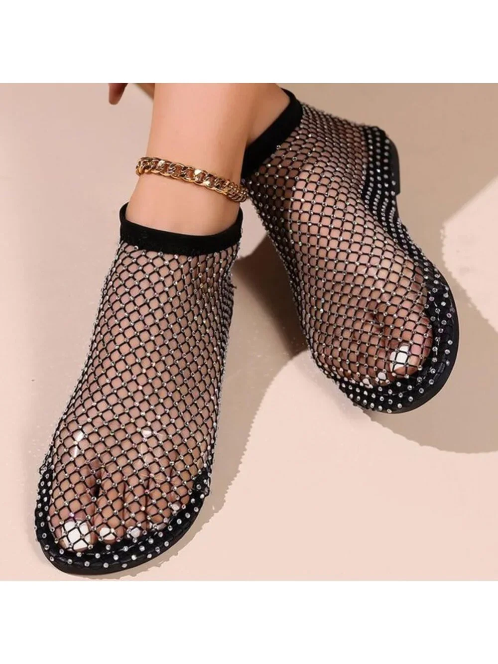 Women's Black Mesh Comfortable Fishnet Low Heel Slip on Rhinestone Flats Shoes
